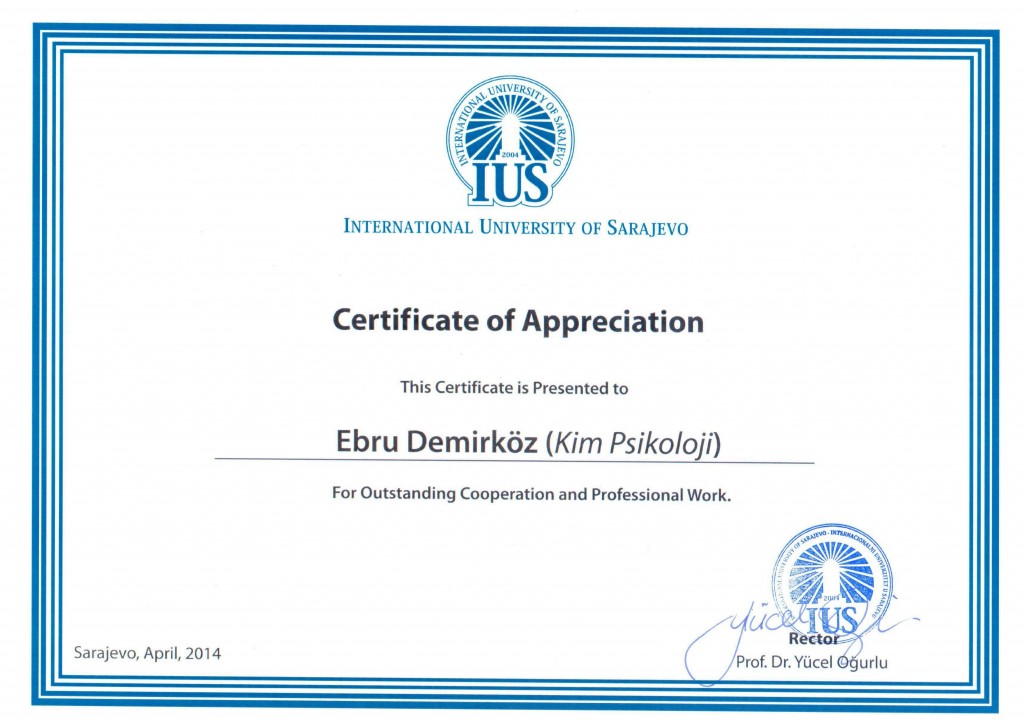 INTERNATIONAL UNIVERSITY OF SARAJEVO teşekkür belgesi